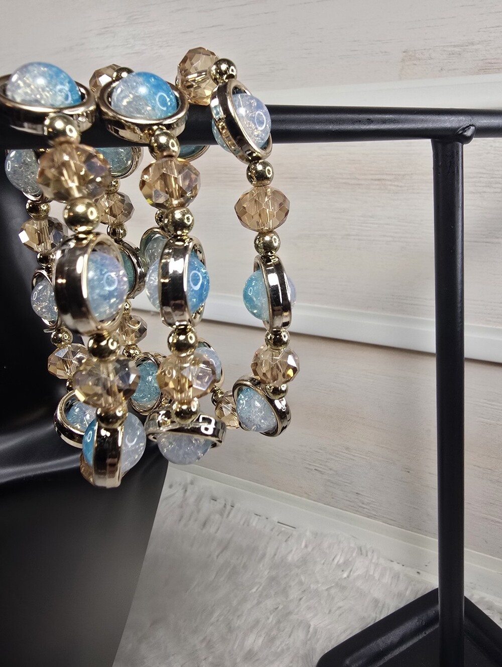 Gold-Tone Blue and Champagne Beaded Stretch Bracelet Set